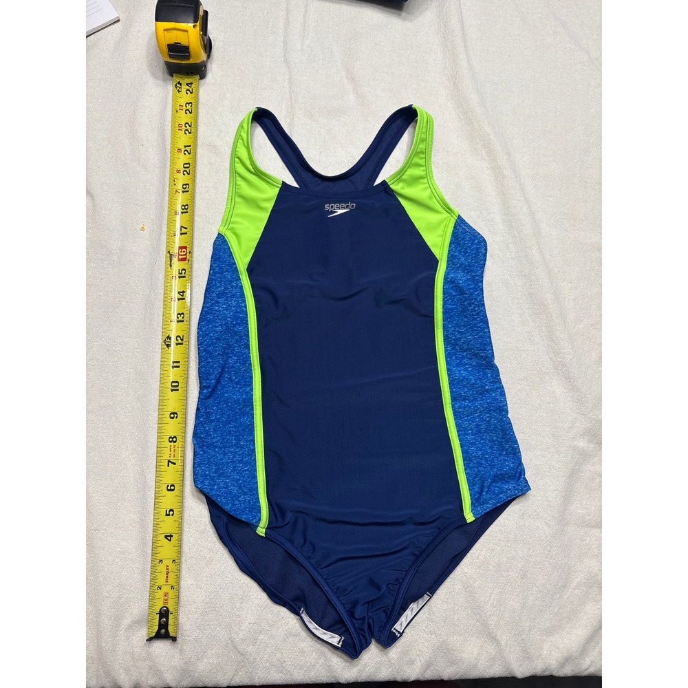 Speedo Girls One Piece Swimsuit Navy Blue Neon Green Racerback Sporty Size 10/12